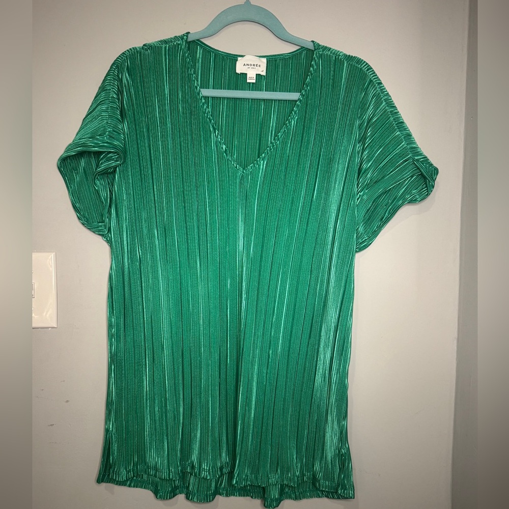 Andree by Unit Green Pleated Short Sleeve Blouse Women’s XL V-Neck Top - Picture 2 of 7